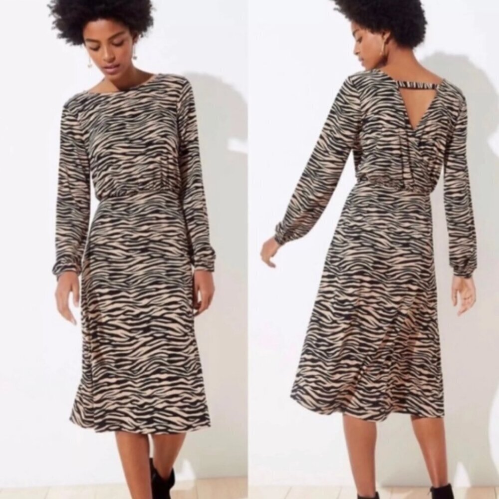 Loft | Tan and Black Zebra Print Long Sleeve Midi Dress Size 8